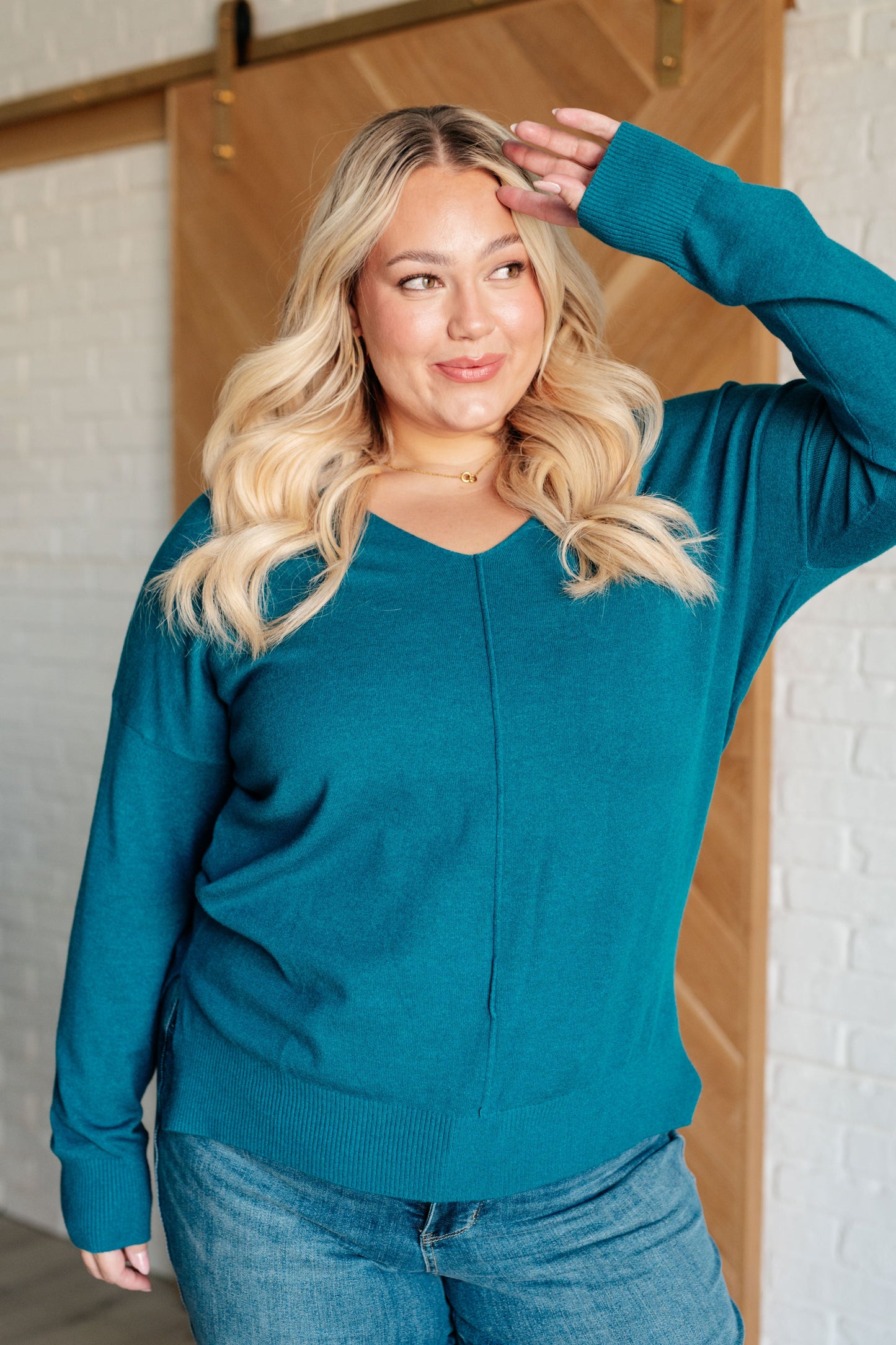 Zenana-V-Neck Front Seam Sweater in Heather Ocean Teal