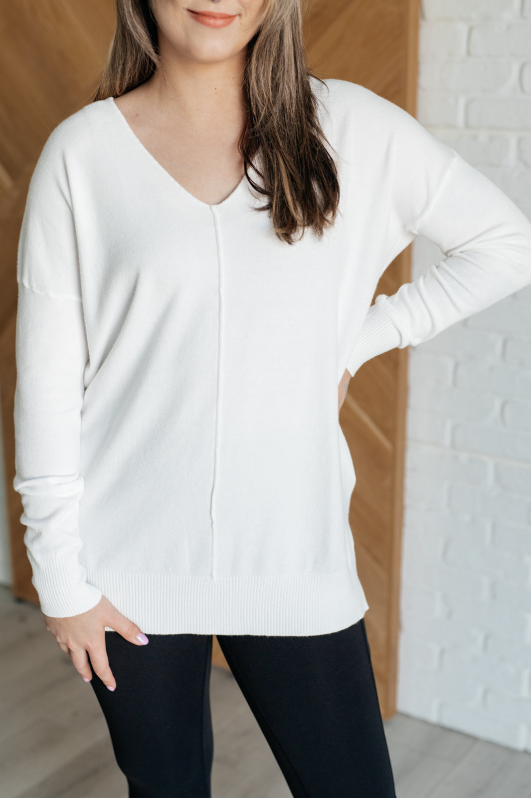 Zenana V-Neck Front Seam Sweater in Ivory