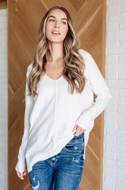 Zenana V-Neck Front Seam Sweater in Ivory