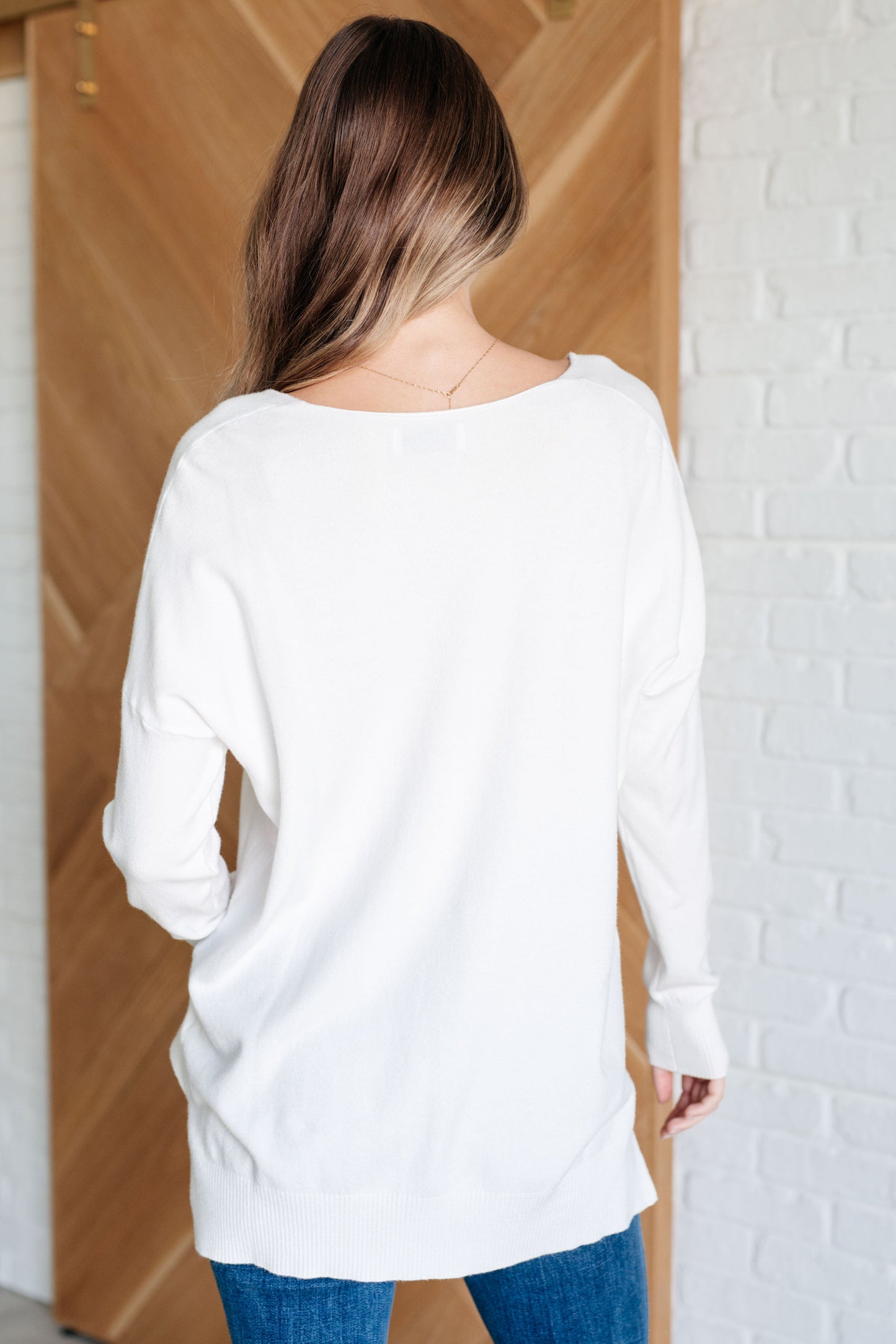 Zenana V-Neck Front Seam Sweater in Ivory